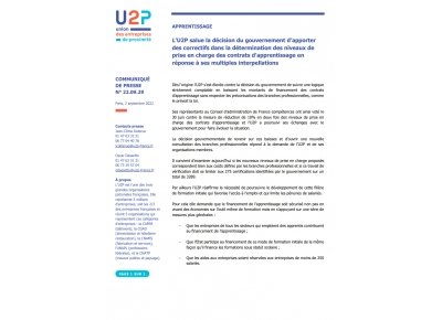 L’U2P salue la décision du gouvernement d’apporter des correctifs dans la détermination des niveaux de prise en charge des contrats d’apprentissage en réponse à ses multiples interpellations