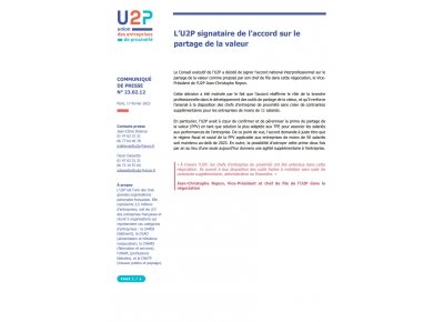 L’U2P signataire de l’accord sur le partage de la valeur