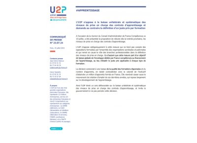 L’U2P s’oppose à la baisse unilatérale et systématique des niveaux de prise en charge des contrats d’apprentissage et demande au contraire la définition d’un juste prix par formation